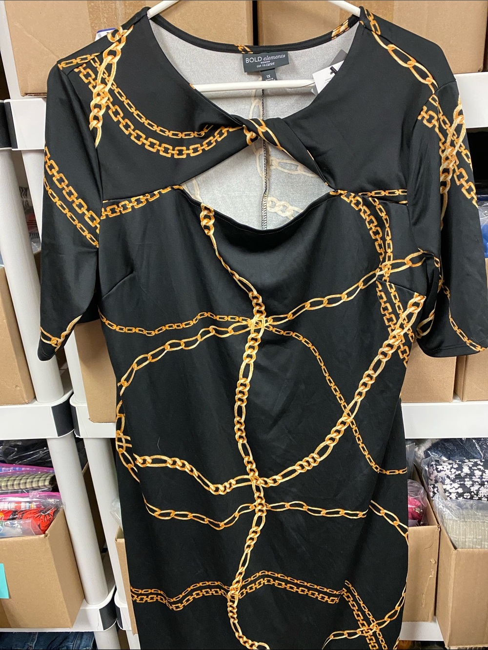 BOLD elements Black Midi Dress with Gold Chain Print size 1X NWT